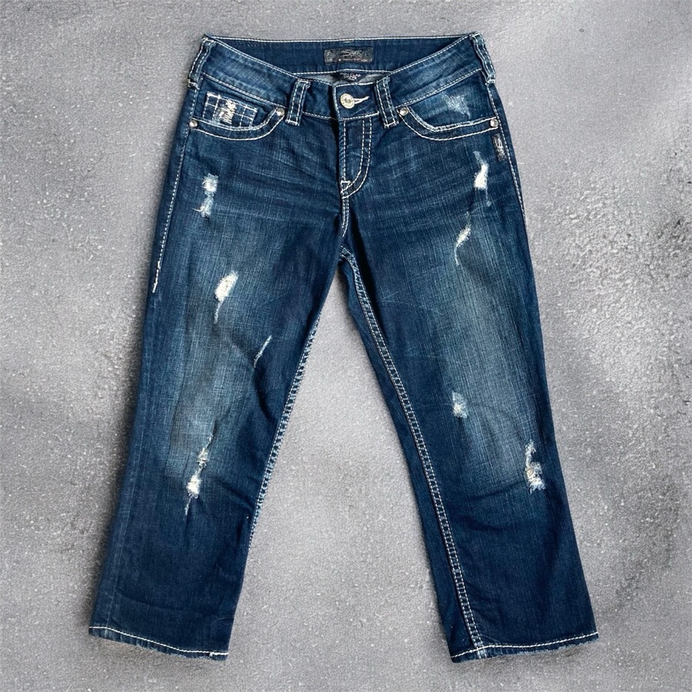 Silver Jeans Suki Flap Capri Darkwash Distressed Denim Jean Capris